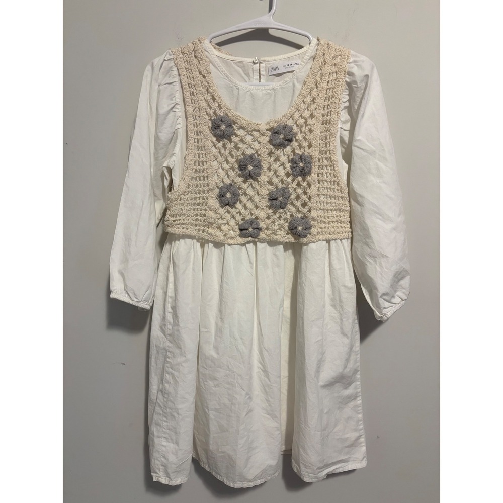 Zara Kids White Cotton Long Sleeve Dress with Crochet Floral Overlay Size 13-14